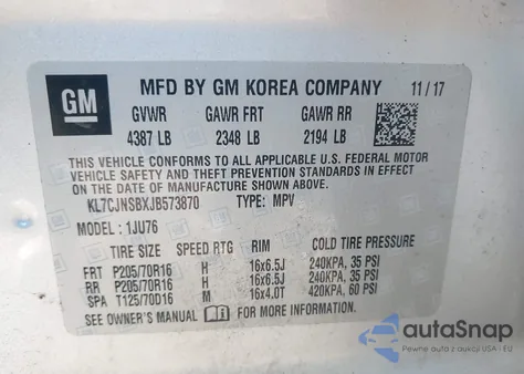 2018 Chevrolet Trax Ls из США, поврежденный, VIN KL7CJNSBXJB573870